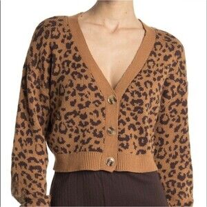 Abound Cropped Cardigan Womens Medium Leopard Print V-neck 3 Button Closure